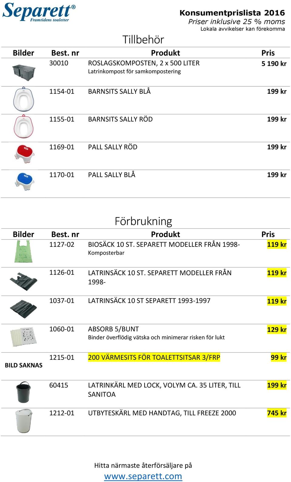 SEPARETT MODELLER FRÅN 1998-1037-01 LATRINSÄCK 10 ST SEPARETT 1993-1997 1060-01 ABSORB 5/BUNT Binder överflödig vätska och minimerar risken för lukt BILD SAKNAS