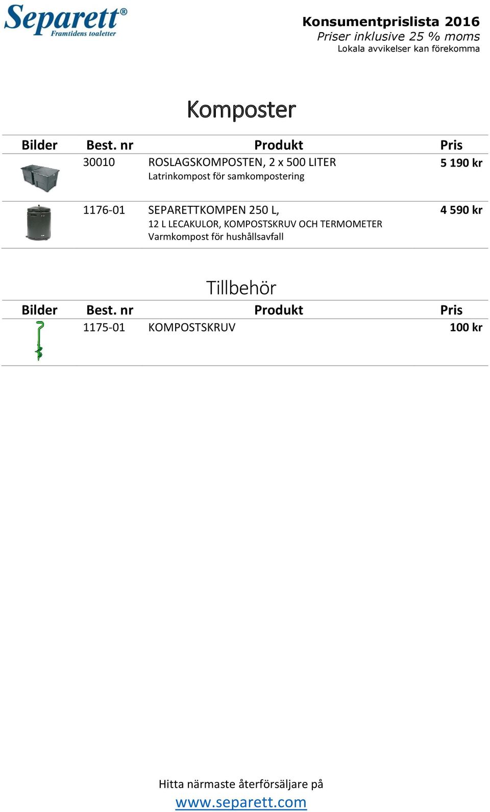 SEPARETTKOMPEN 250 L, 12 L LECAKULOR, KOMPOSTSKRUV OCH