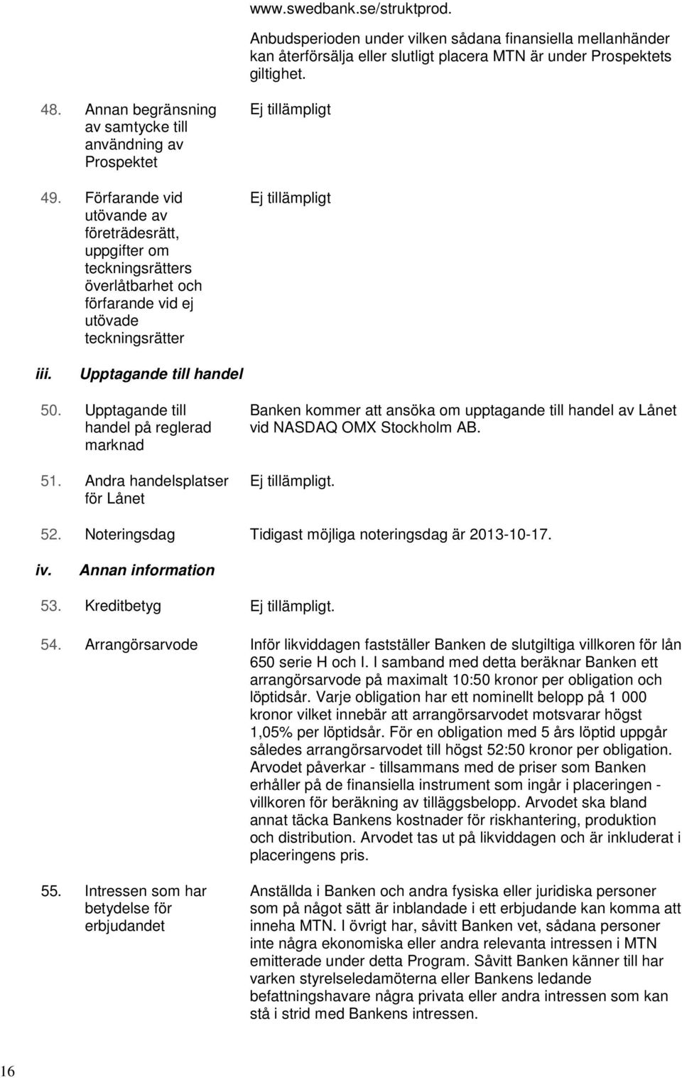 Förfarande vid utövande av företrädesrätt, uppgifter om teckningsrätters överlåtbarhet och förfarande vid ej utövade teckningsrätter Ej tillämpligt Ej tillämpligt iii. Upptagande till handel 50.