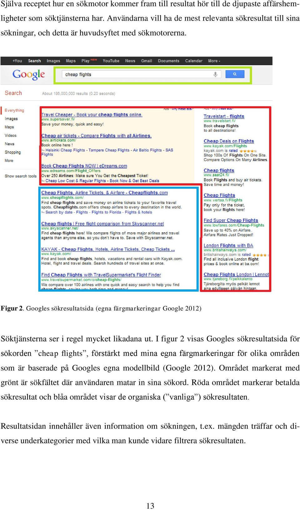 Googles sökresultatsida (egna färgmarkeringar Google 2012) Söktjänsterna ser i regel mycket likadana ut.