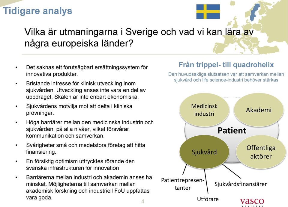 Höga barriärer mellan den medicinska industrin och sjukvården, på alla nivåer, vilket försvårar kommunikation och samverkan. Svårigheter små och medelstora företag att hitta finansiering.