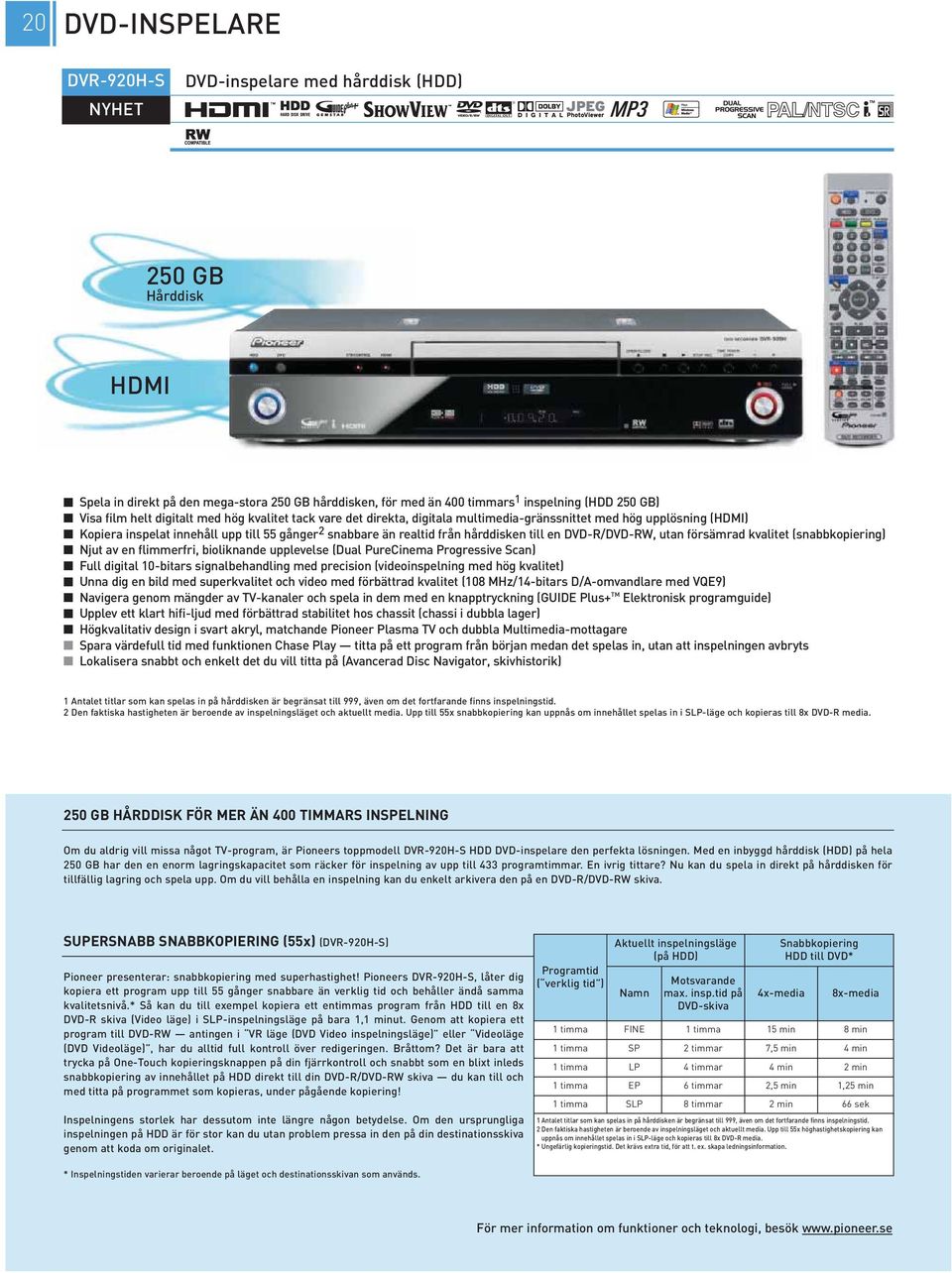 hårddisken till en DVD-R/DVD-RW, utan försämrad kvalitet (snabbkopiering) Njut av en flimmerfri, bioliknande upplevelse (Dual PureCinema Progressive Scan) Full digital 10-bitars signalbehandling med