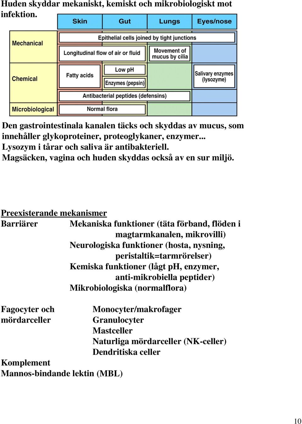 Preexisterande mekanismer Barriärer Mekaniska funktioner (täta förband, flöden i magtarmkanalen, mikrovilli) Neurologiska funktioner (hosta, nysning, peristaltik=tarmrörelser)