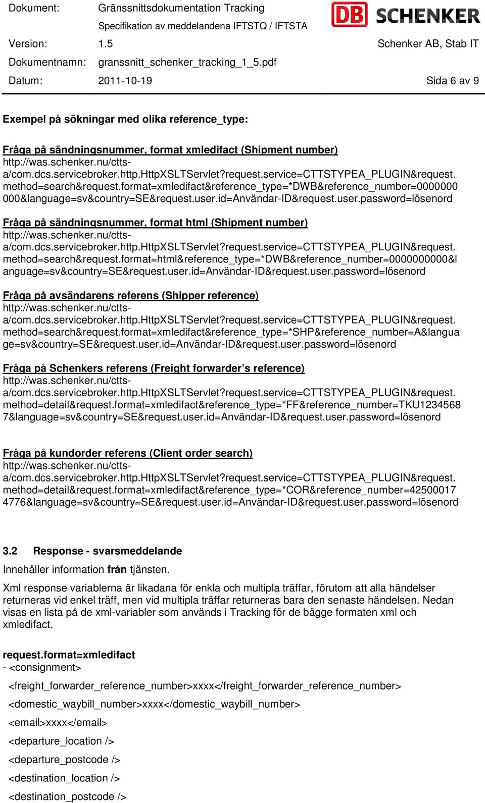 format=html&reference_type=*dwb&reference_number=0000000000&l anguage=sv&country=se&request.user.id=användar-id&request.user.password=lösenord Fråga på avsändarens referens (Shipper reference) method=search&request.