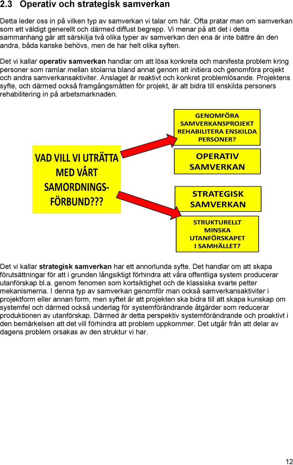 Det vi kallar operativ samverkan handlar om att lösa konkreta och manifesta problem kring personer som ramlar mellan stolarna bland annat genom att initiera och genomföra projekt och andra