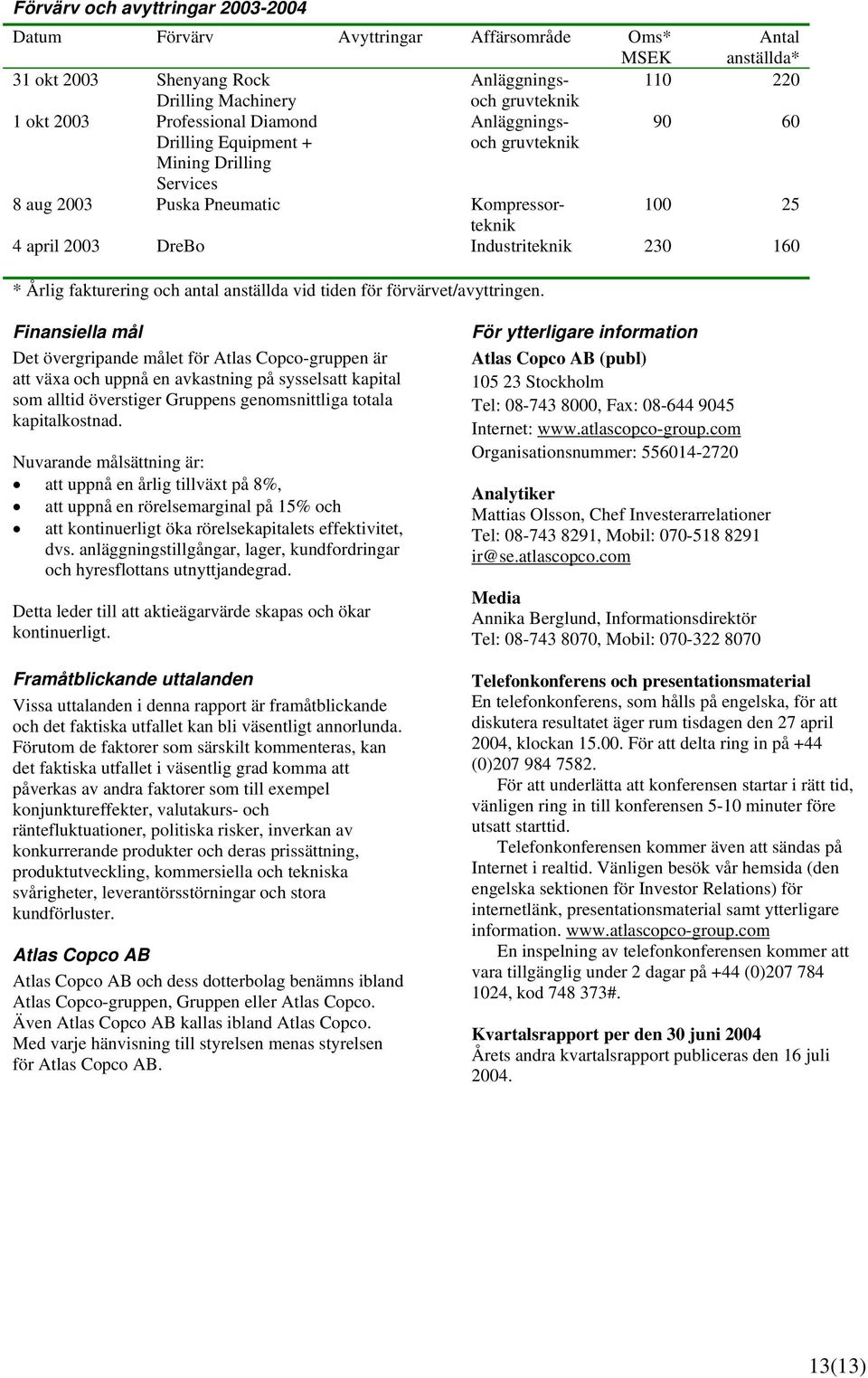fakturering och antal anställda vid tiden för förvärvet/avyttringen.