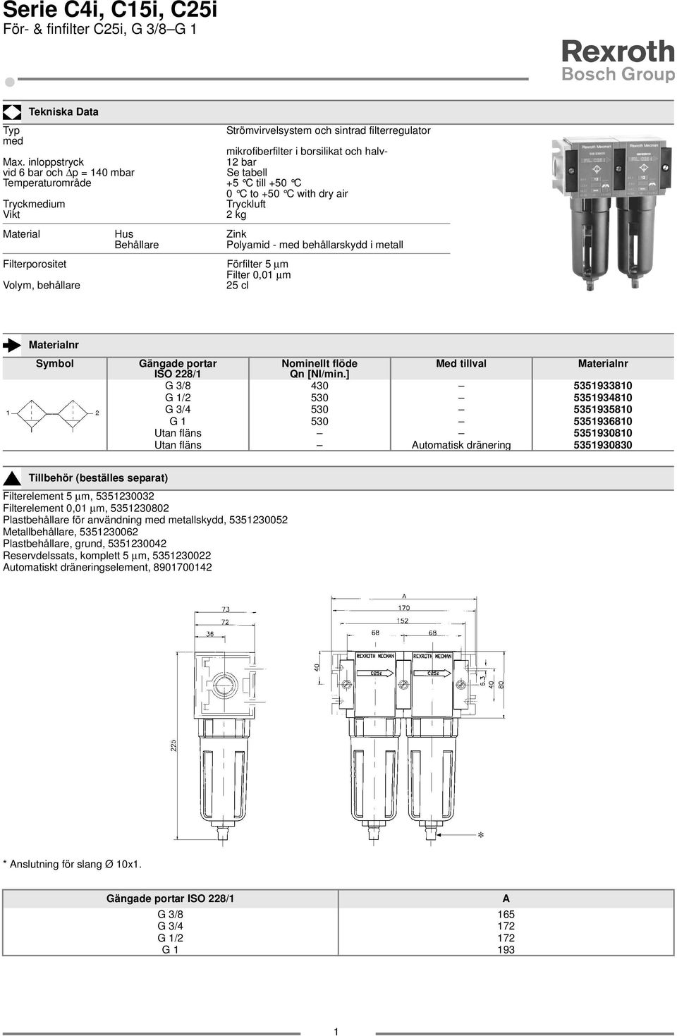 behållarskydd i metall Filterporositet Förfilter 5 µm Filter 0,0 µm Volym, behållare 25 cl Symbol Gängade portar Nominellt flöde Med tillval ISO 228/ Qn [NI/min.