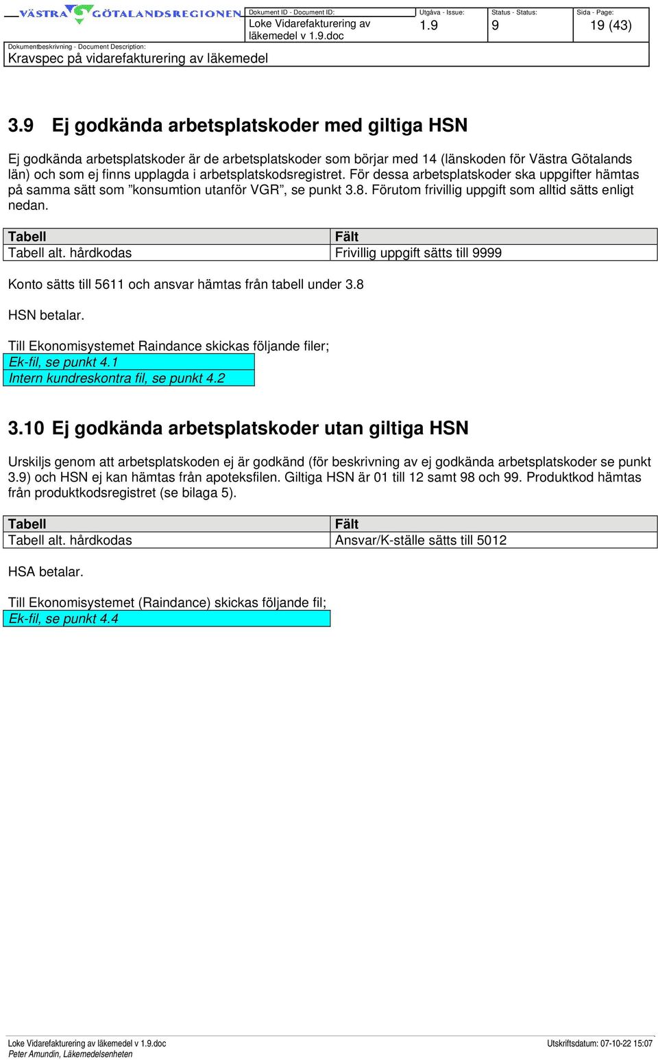 arbetsplatskodsregistret. För dessa arbetsplatskoder ska uppgifter hämtas på samma sätt som konsumtion utanför VGR, se punkt 3.8. Förutom frivillig uppgift som alltid sätts enligt nedan.