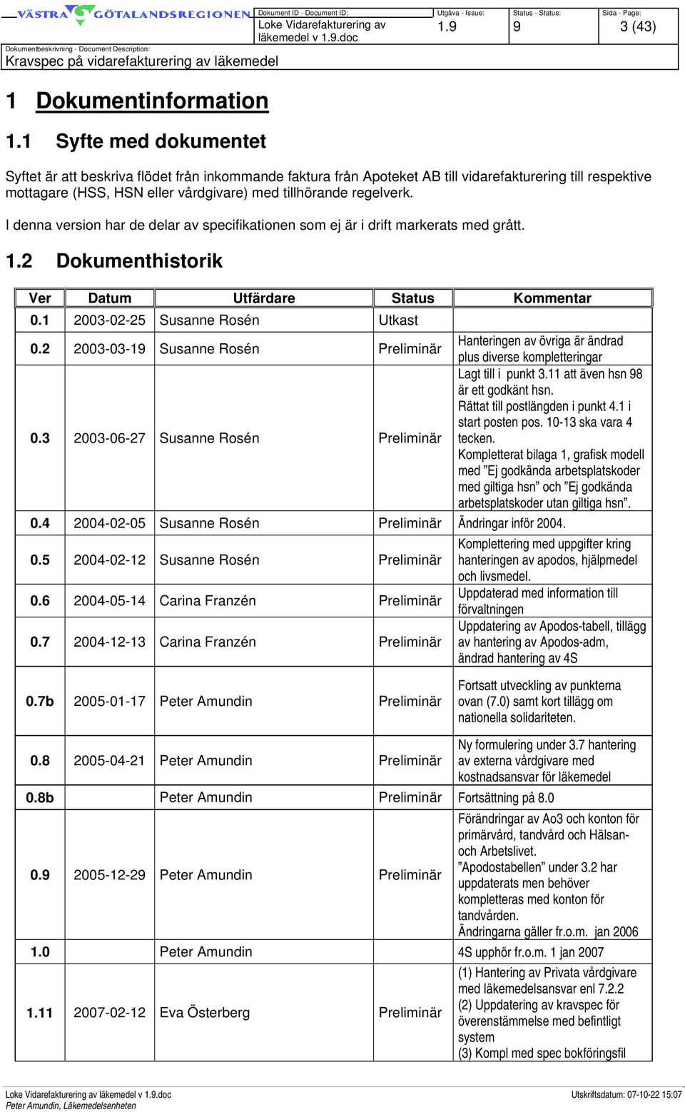 I denna version har de delar av specifikationen som ej är i drift markerats med grått. 1.2 Dokumenthistorik Ver Datum Utfärdare Status Kommentar 0.1 2003-02-25 Susanne Rosén Utkast 0.