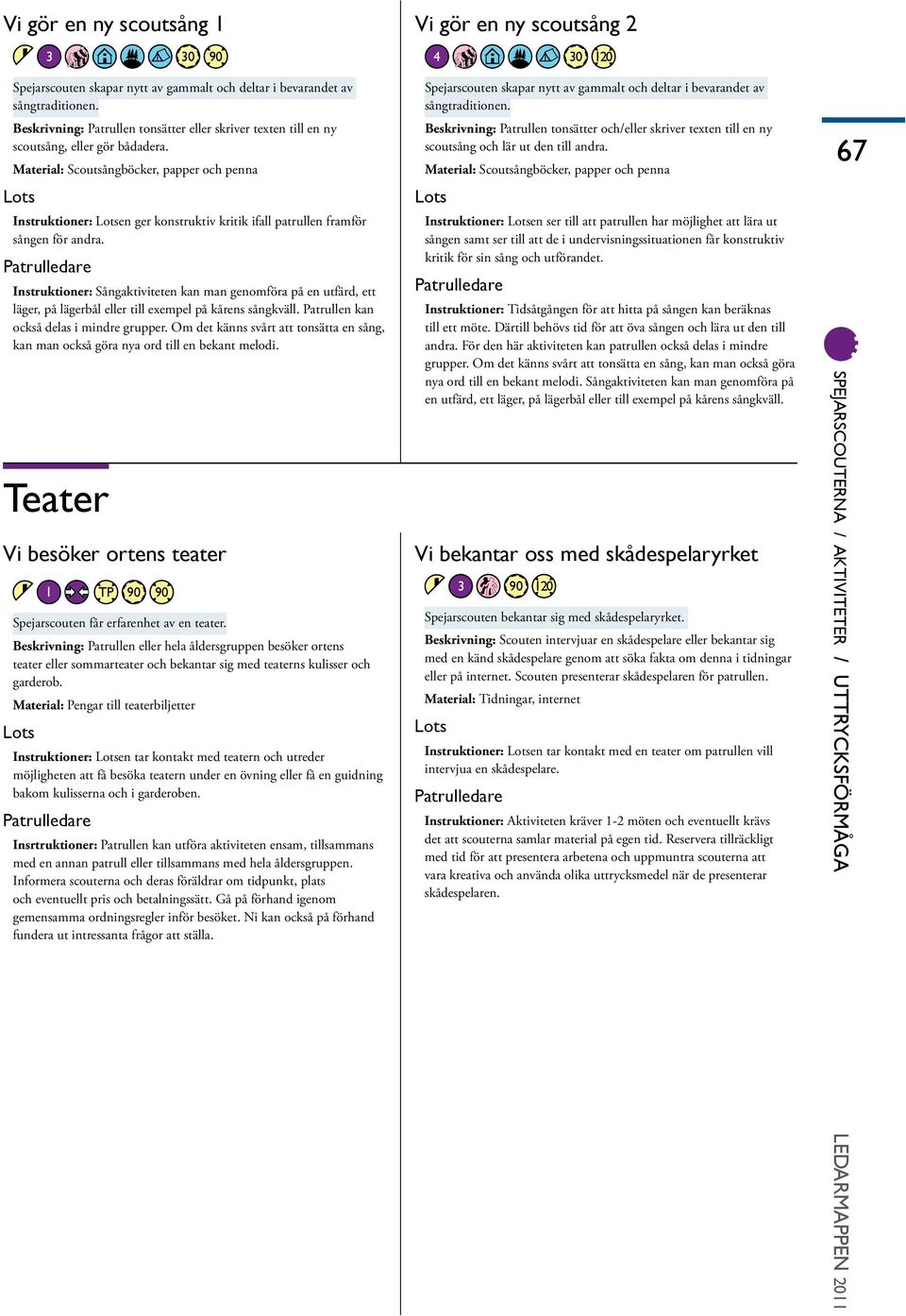 Instruktioner: Sångaktiviteten kan man genomföra på en utfärd, ett läger, på lägerbål eller till exempel på kårens sångkväll. Patrullen kan också delas i mindre grupper.