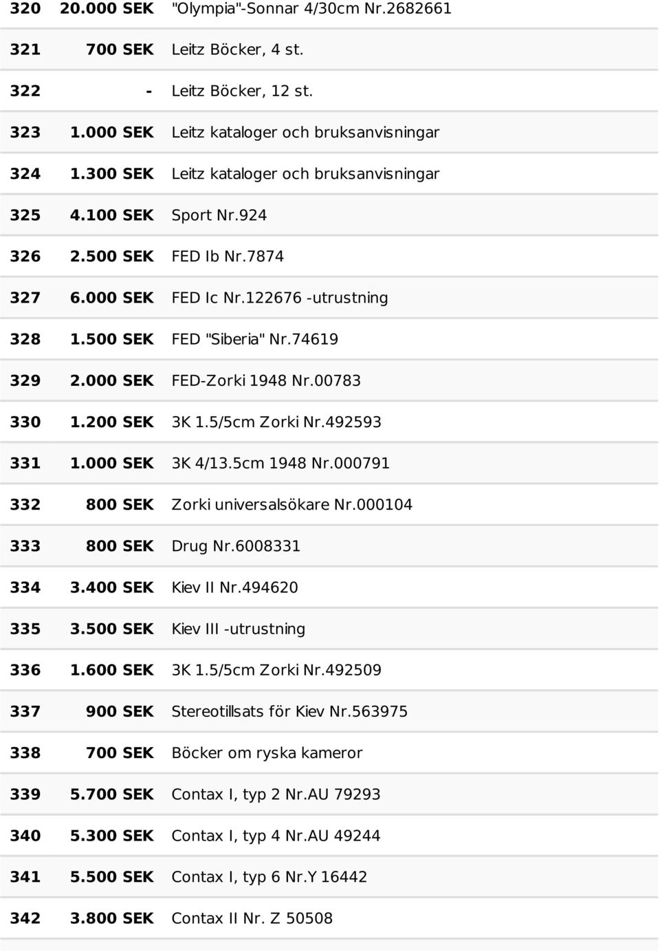 000 SEK FED-Zorki 1948 Nr.00783 330 1.200 SEK 3K 1.5/5cm Zorki Nr.492593 331 1.000 SEK 3K 4/13.5cm 1948 Nr.000791 332 800 SEK Zorki universalsökare Nr.000104 333 800 SEK Drug Nr.6008331 334 3.