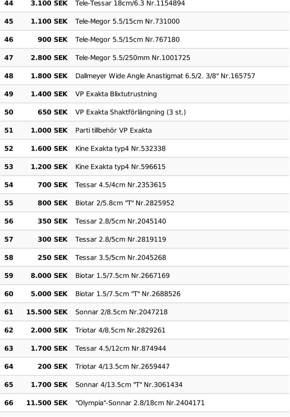 600 SEK Kine Exakta typ4 Nr.532338 53 1.200 SEK Kine Exakta typ4 Nr.596615 54 700 SEK Tessar 4.5/4cm Nr.2353615 55 800 SEK Biotar 2/5.8cm "T" Nr.2825952 56 350 SEK Tessar 2.8/5cm Nr.