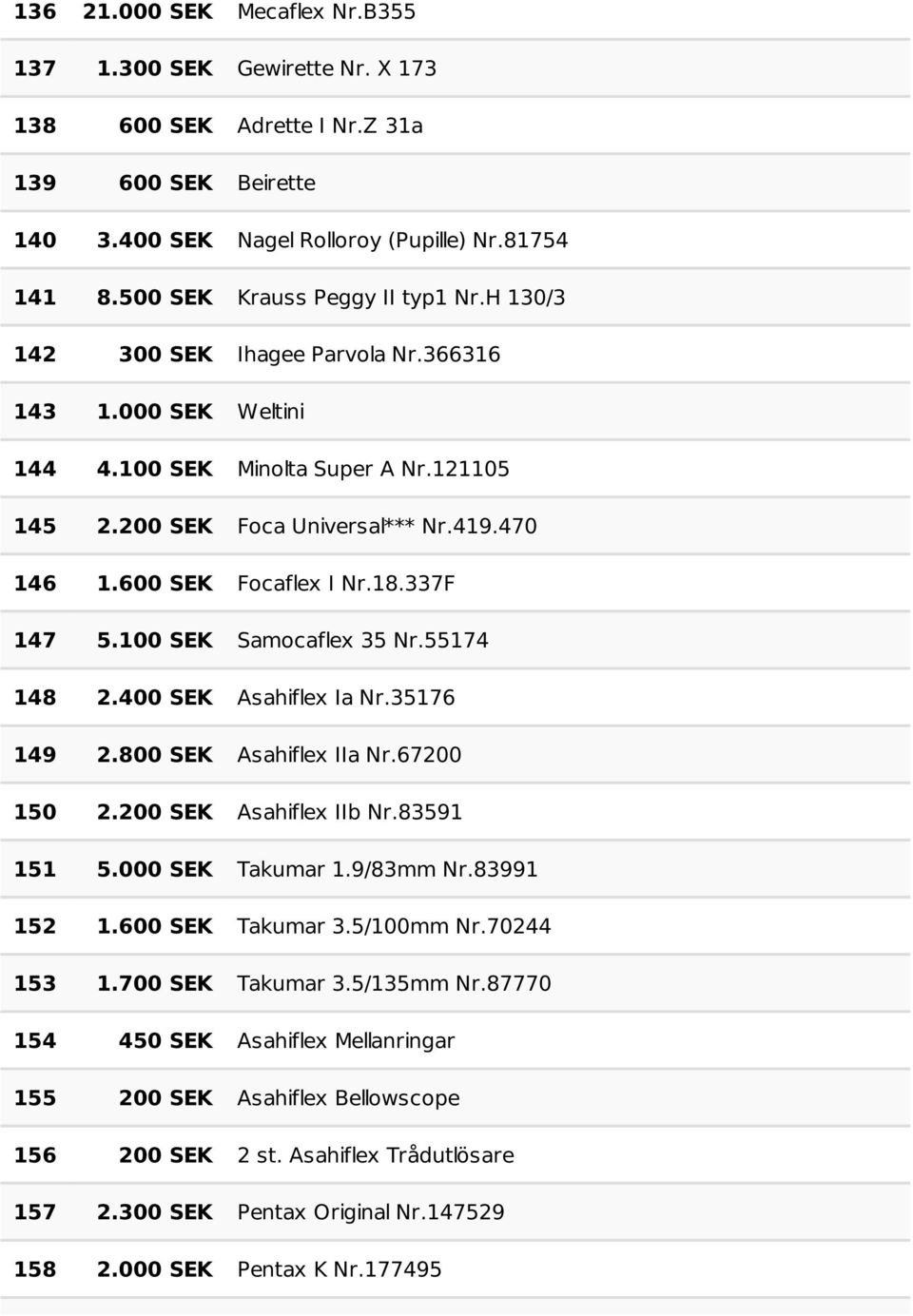 600 SEK Focaflex I Nr.18.337F 147 5.100 SEK Samocaflex 35 Nr.55174 148 2.400 SEK Asahiflex Ia Nr.35176 149 2.800 SEK Asahiflex IIa Nr.67200 150 2.200 SEK Asahiflex IIb Nr.83591 151 5.