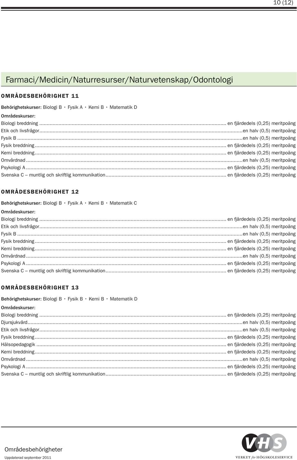 ..en halv (0,5) meritpoäng OMRÅDESBEHÖRIGHET 12 Behörighetskurser: Biologi B Fysik A Kemi B Matematik C Biologi breddning... en fjärdedels (0,25) meritpoäng Fysik B.
