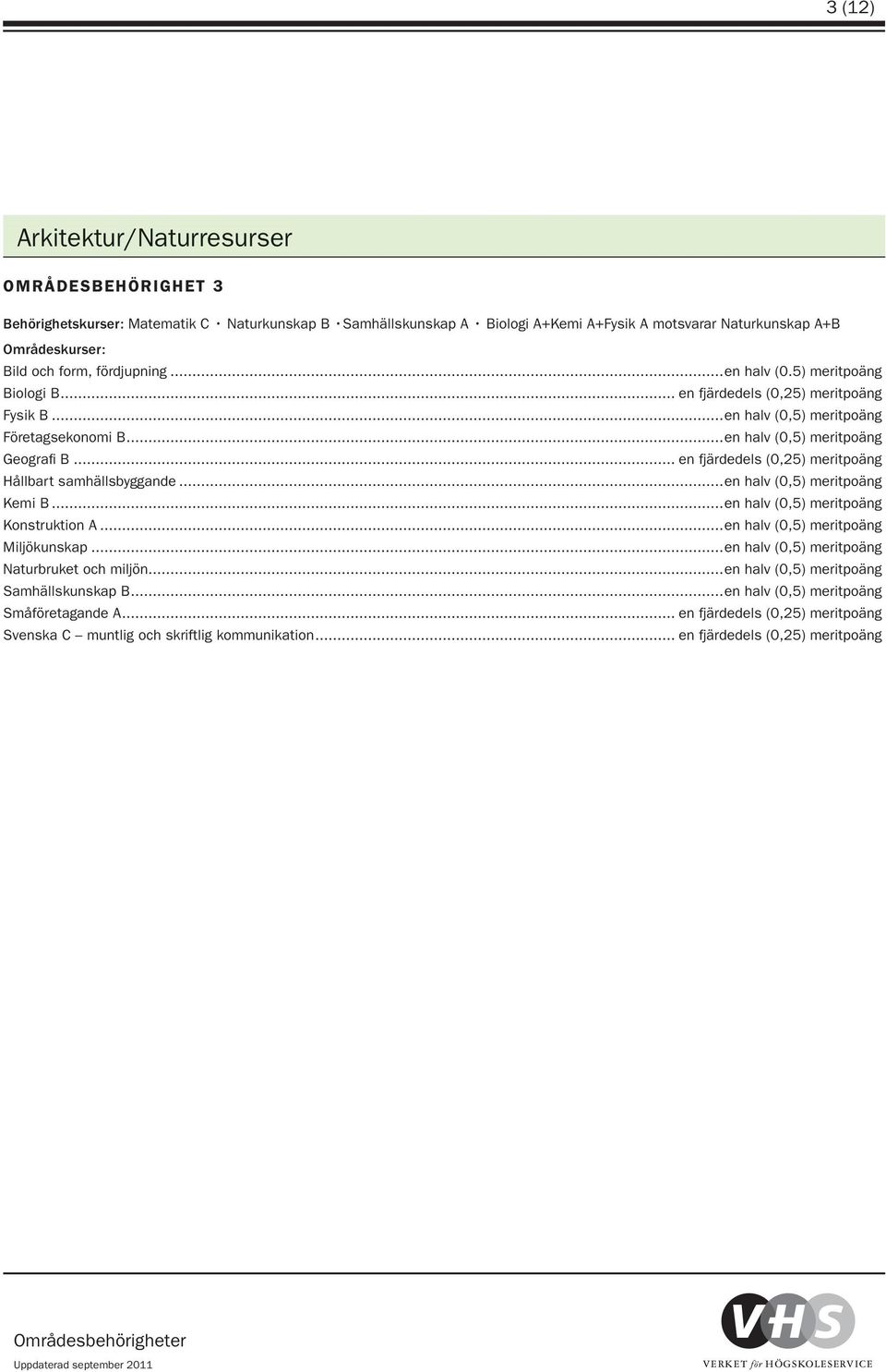 ..en halv (0,5) meritpoäng Geografi B... en fjärdedels (0,25) meritpoäng Hållbart samhällsbyggande...en halv (0,5) meritpoäng Kemi B.