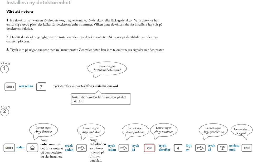 . Ha ditt datablad tillgängligt när du installerar den nya detektorenheten. Skriv ner på databladet vart den nya enheten placeras.. Tryck inte på någon tangent an larmet pratar.