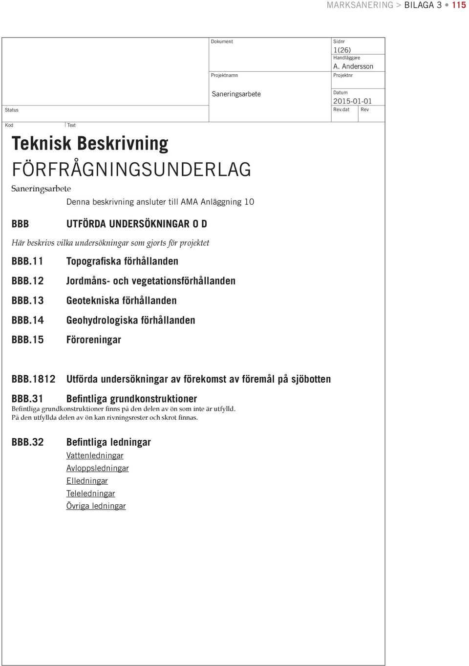 15 Topografiska förhållanden Jordmåns- och vegetationsförhållanden Geotekniska förhållanden Geohydrologiska förhållanden Föroreningar BBB.1812 BBB.