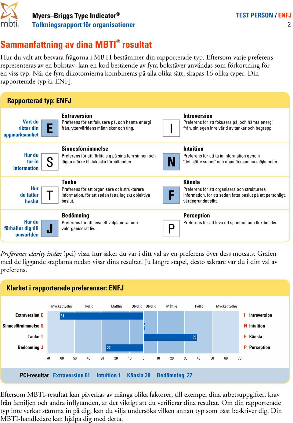 typ: ENFJ Vart du riktar din uppmärksamhet E Extraversion Preferens för att fokusera på, och hämta energi från, yttervärldens människor och ting I Introversion Preferens för att fokusera på, och