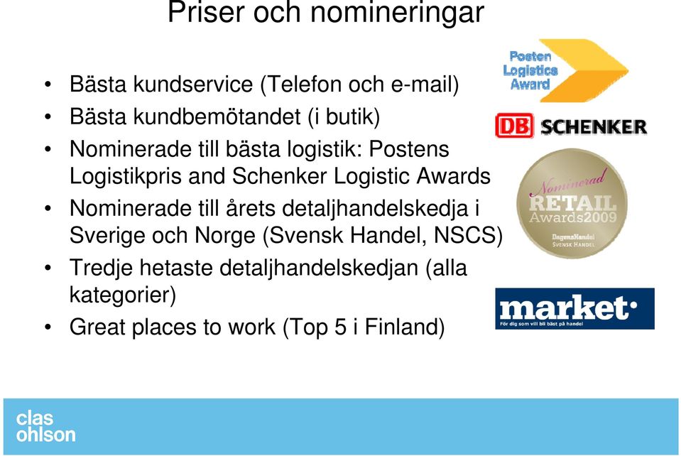 Awards Nominerade till årets detaljhandelskedja i Sverige och Norge (Svensk Handel,