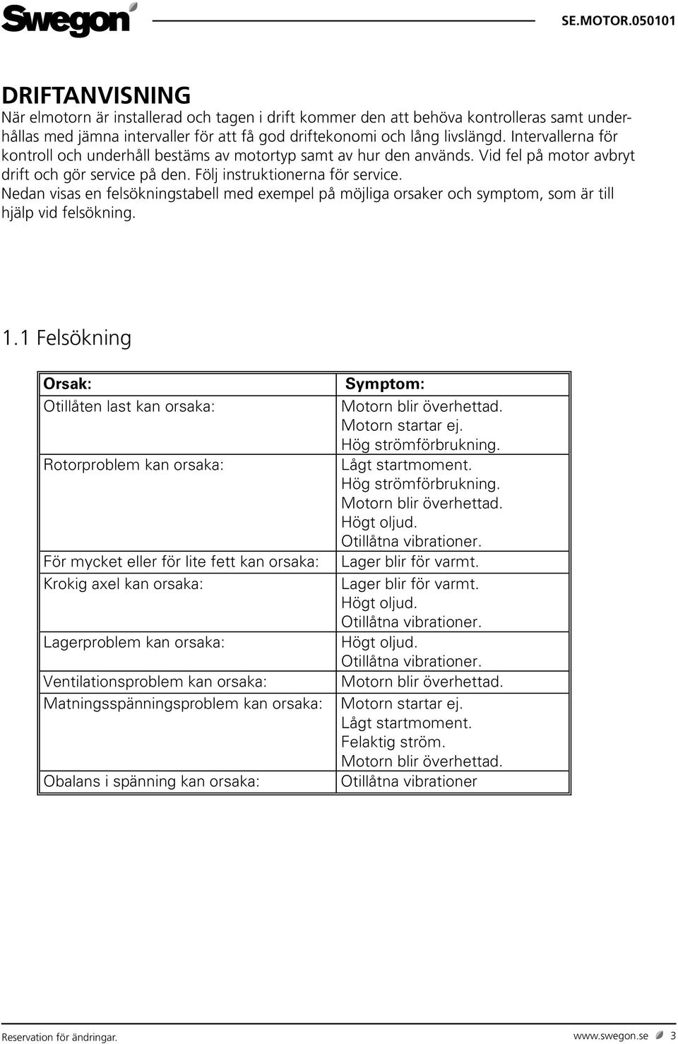 Nedan visas en felsökningstabell med exempel på möjliga orsaker och symptom, som är till hjälp vid felsökning. 1.1 Felsökning Orsak: Symptom: Otillåten last kan orsaka: Motorn blir överhettad.