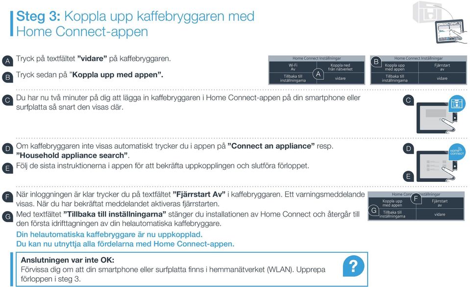 Du har nu två minuter på dig att lägga in kaffebryggaren i Home Connect-appen på din smartphone eller surfplatta så snart den visas där.