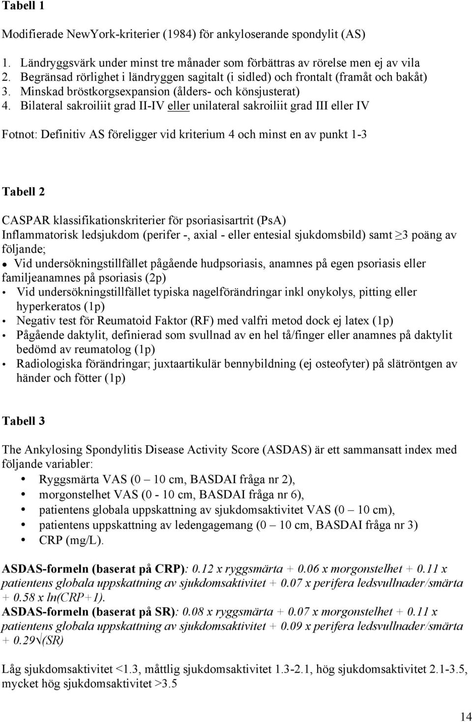 Bilateral sakroiliit grad II-IV eller unilateral sakroiliit grad III eller IV Fotnot: Definitiv AS föreligger vid kriterium 4 och minst en av punkt 1-3 Tabell 2 CASPAR klassifikationskriterier för
