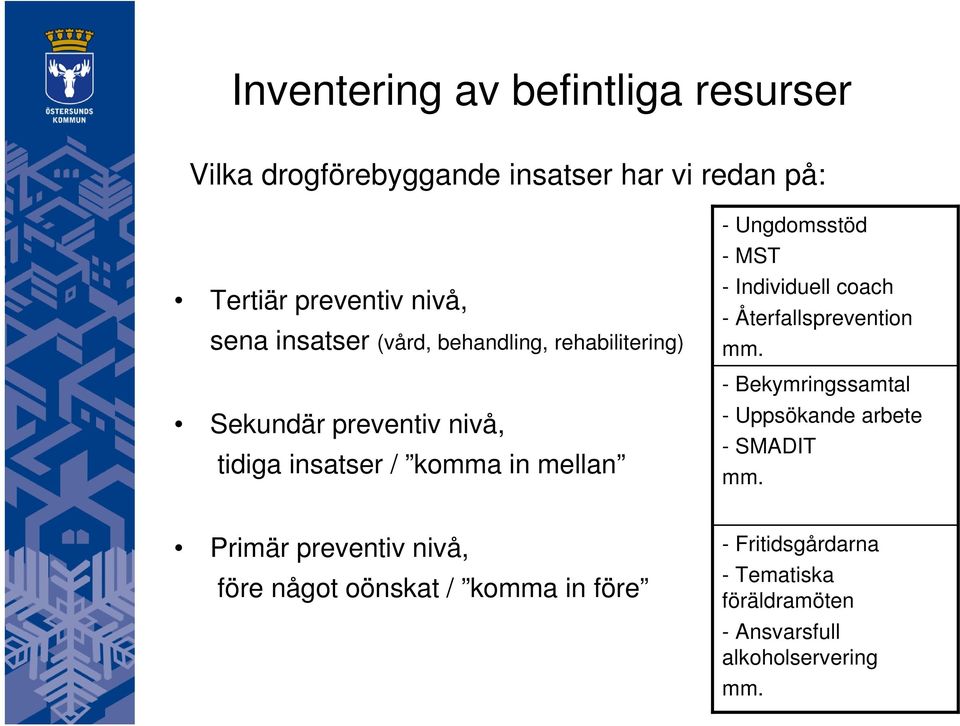 - MST - Individuell coach - Återfallsprevention mm. - Bekymringssamtal - Uppsökande arbete - SMADIT mm.