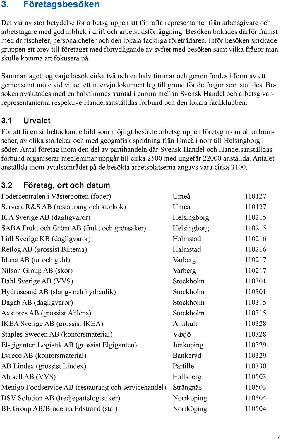 Inför besöken skickade gruppen ett brev till företaget med förtydligande av syftet med besöken samt vilka frågor man skulle komma att fokusera på.