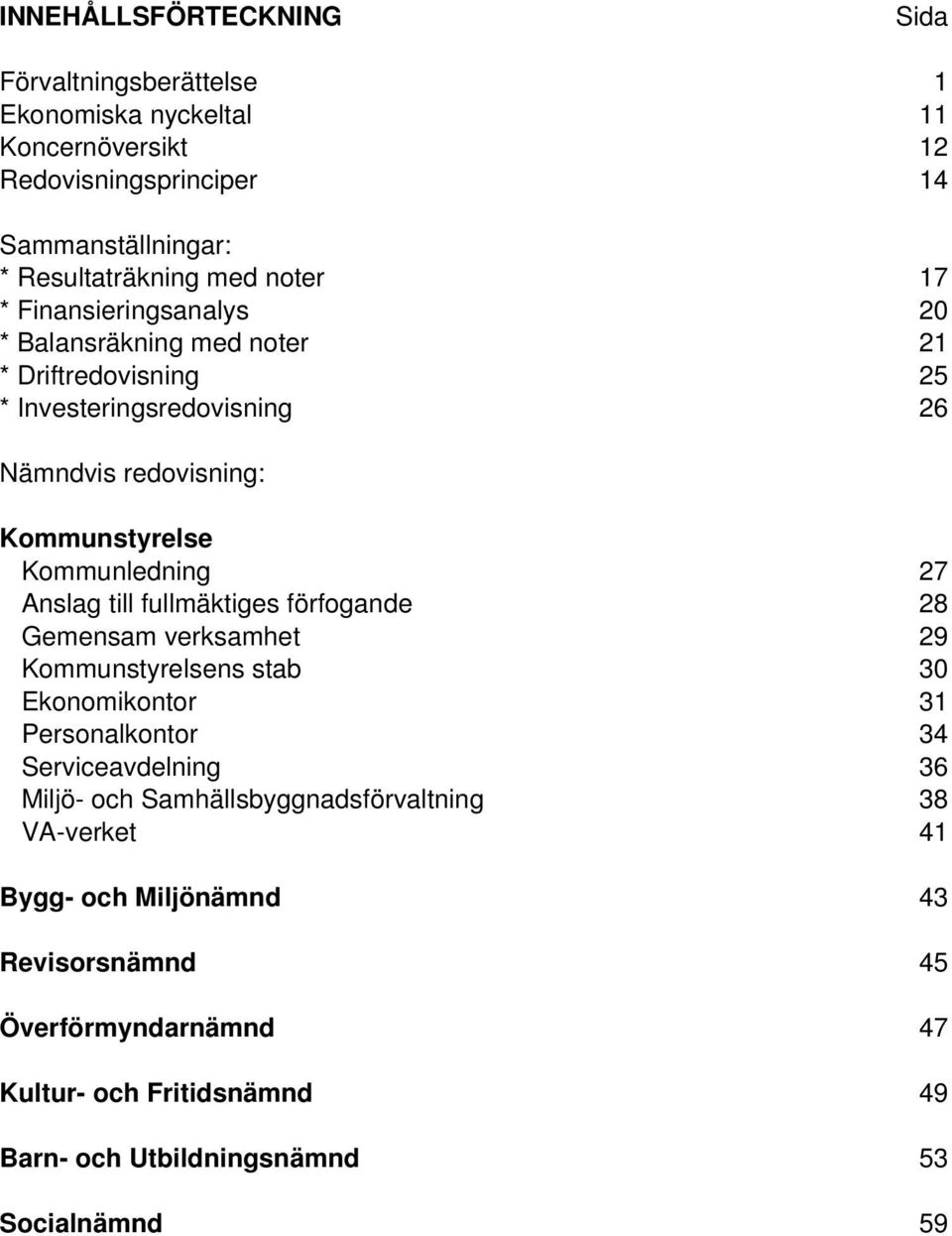 27 Anslag till fullmäktiges förfogande 28 Gemensam verksamhet 29 Kommunstyrelsens stab 30 Ekonomikontor 31 Personalkontor 34 Serviceavdelning 36 Miljö- och