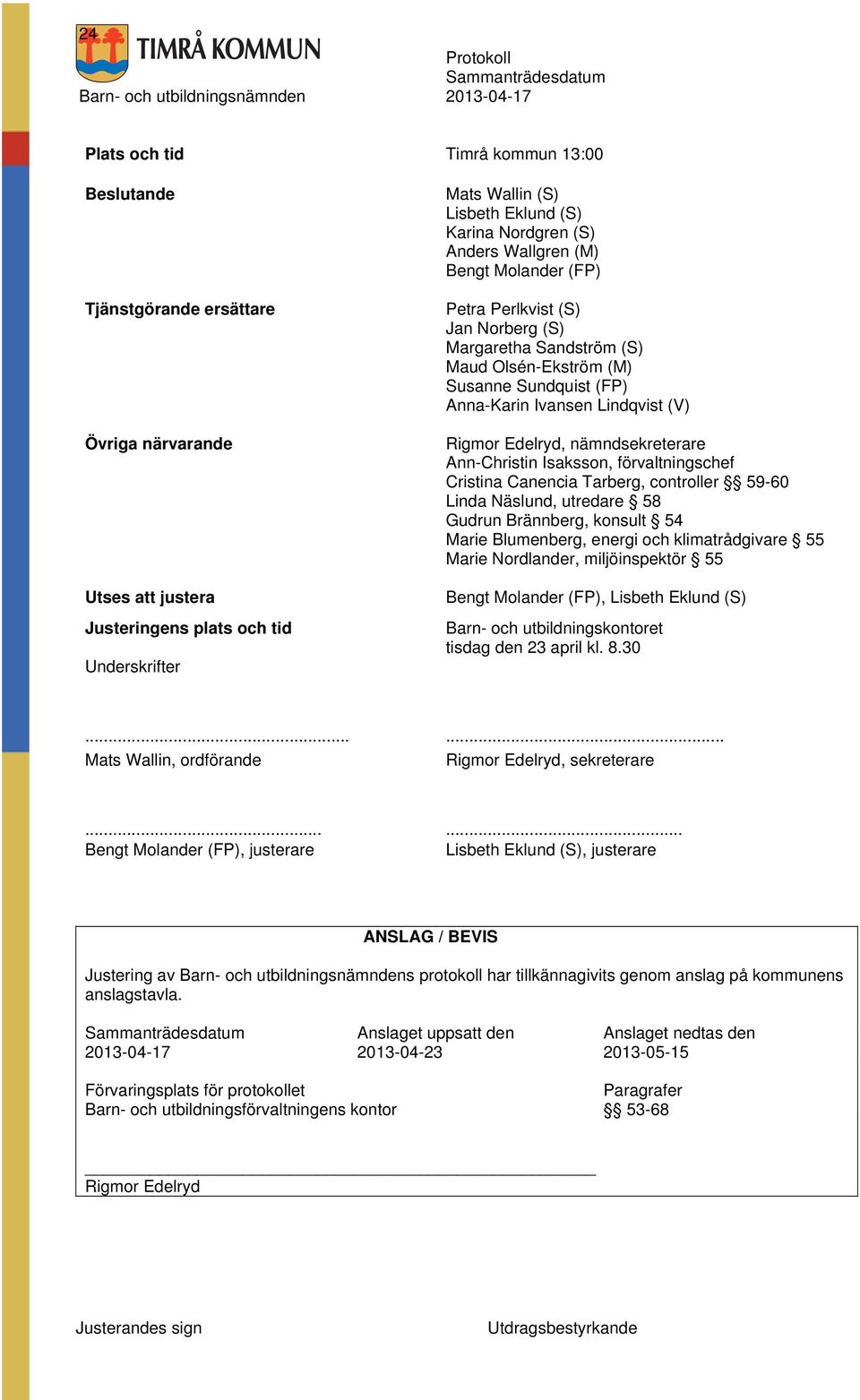 nämndsekreterare Ann-Christin saksson, förvaltningschef Cristina Canencia Tarberg, controller 59-60 Linda Näslund, utredare 58 Gudrun Brännberg, konsult 54 Marie Blumenberg, energi och