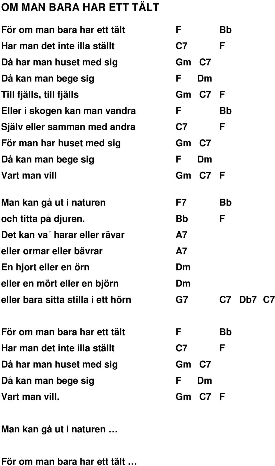 Bb F Det kan va harar eller rävar A7 eller ormar eller bävrar A7 En hjort eller en örn Dm eller en mört eller en björn Dm eller bara sitta stilla i ett hörn 7 C7 Db7