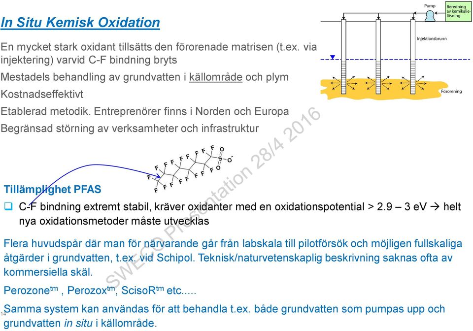 Entreprenörer finns i Norden och Europa Begränsad störning av verksamheter och infrastruktur 14 Tillämplighet PFAS C-F bindning extremt stabil, kräver oxidanter med en oxidationspotential > 2.