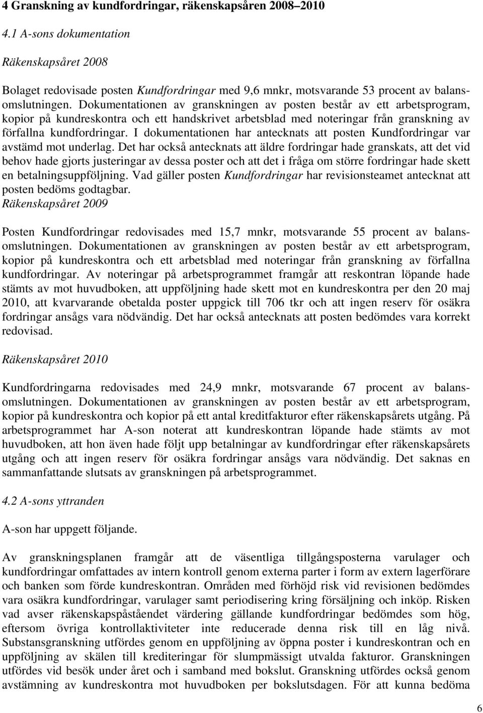 Dokumentationen av granskningen av posten består av ett arbetsprogram, kopior på kundreskontra och ett handskrivet arbetsblad med noteringar från granskning av förfallna kundfordringar.