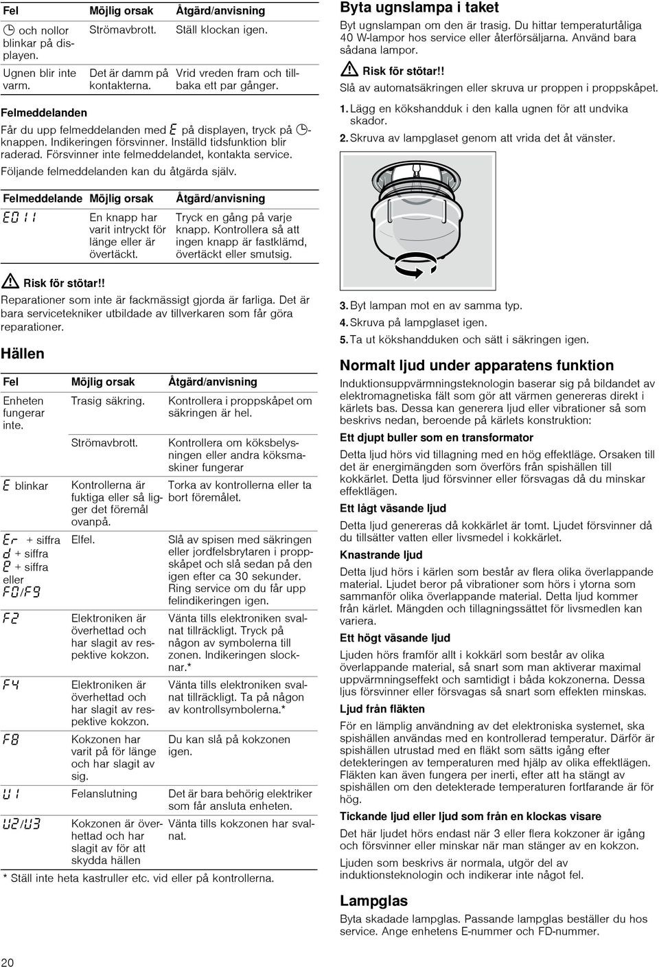 Följande felmeddelanden kan du åtgärda själv. Byta ugnslampa i taket Byt ugnslampan om den är trasig. Du hittar temperaturtåliga 40 W-lampor hos service eller återförsäljarna.
