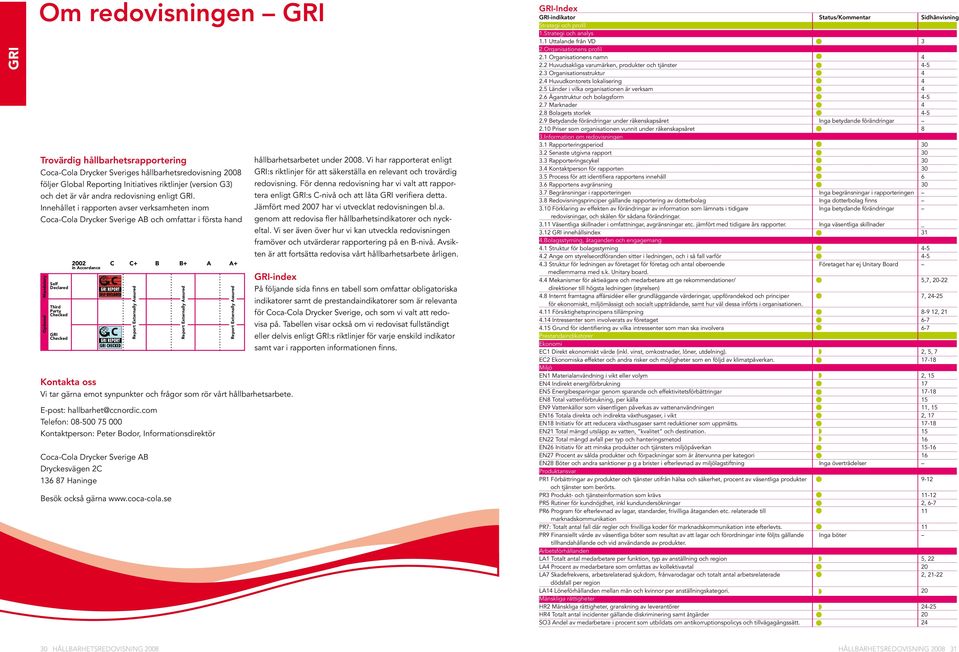 Innehållet i rapporten avser verksamheten inom Coca-Cola Drycker Sverige AB och omfattar i första hand Mandatory Optional Self Declared Third Party Checked GRI Checked 2002 C C+ B B+ A A+ in