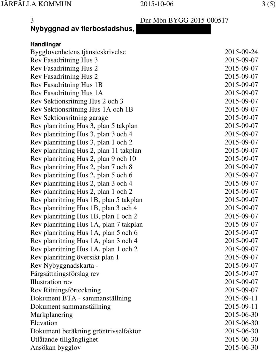 2015-09-07 Rev Sektionsritning garage 2015-09-07 Rev planritning Hus 3, plan 5 takplan 2015-09-07 Rev planritning Hus 3, plan 3 och 4 2015-09-07 Rev planritning Hus 3, plan 1 och 2 2015-09-07 Rev