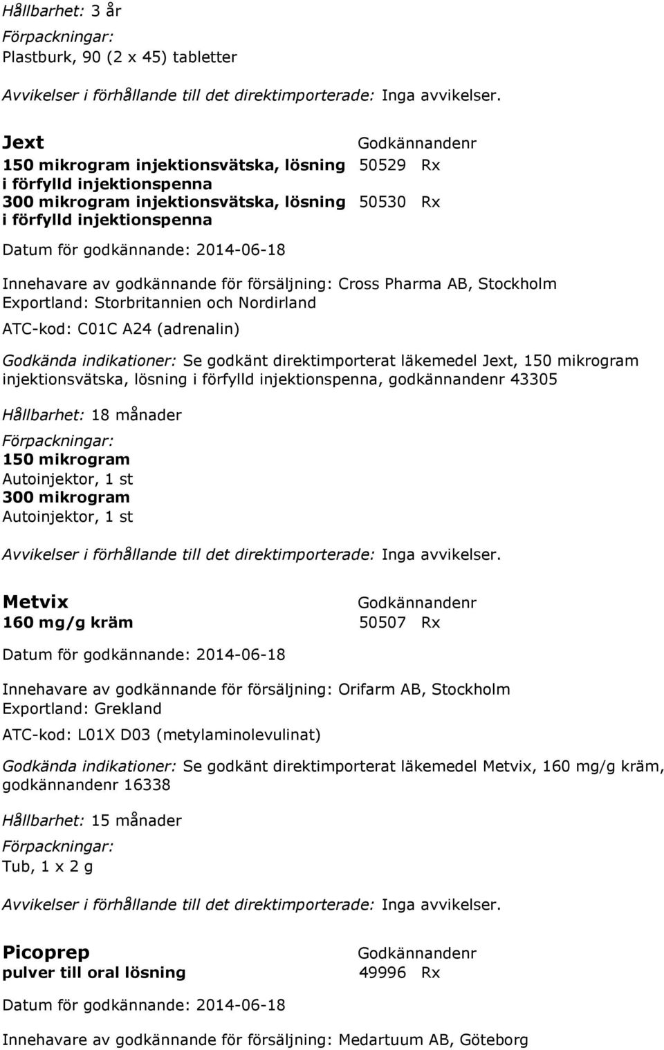 direktimporterat läkemedel Jext, 150 mikrogram injektionsvätska, lösning i förfylld injektionspenna, godkännandenr 43305 Hållbarhet: 18 månader 150 mikrogram Autoinjektor, 1 st 300 mikrogram