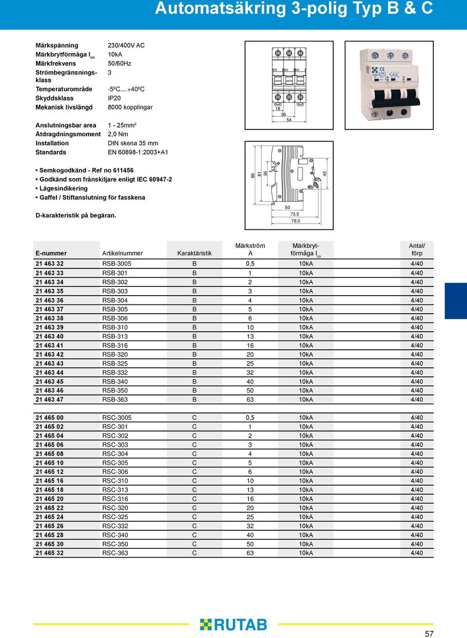 enligt IEC 60947-2 Lägesindikering Gaffel / Stiftanslutning för fasskena 86 81 36 6.5 45 D-karakteristik på begäran. 50 73.5 78.