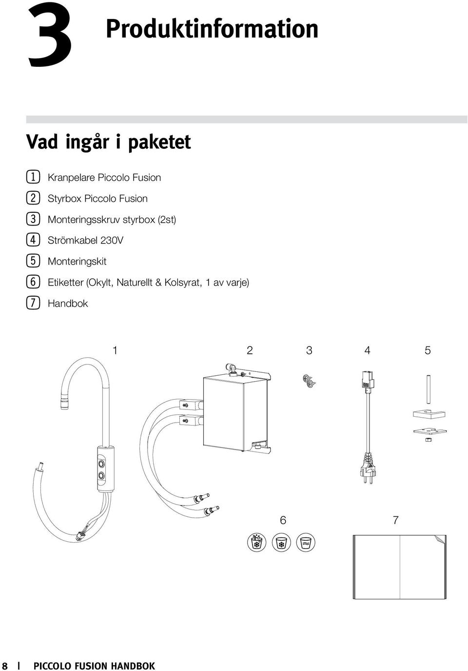 Strömkabel 230V 5 Monteringskit 6 Etiketter (Okylt, Naturellt &