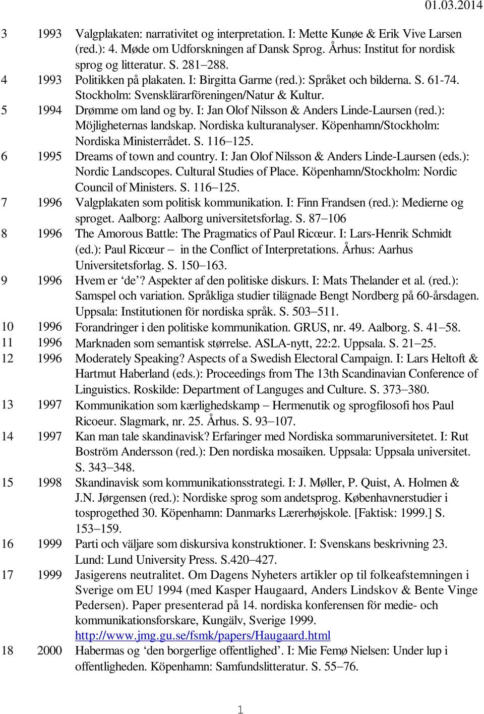 I: Jan Olof Nilsson & Anders Linde-Laursen (red.): Möjligheternas landskap. Nordiska kulturanalyser. Köpenhamn/Stockholm: Nordiska Ministerrådet. S. 116 125. 6 1995 Dreams of town and country.