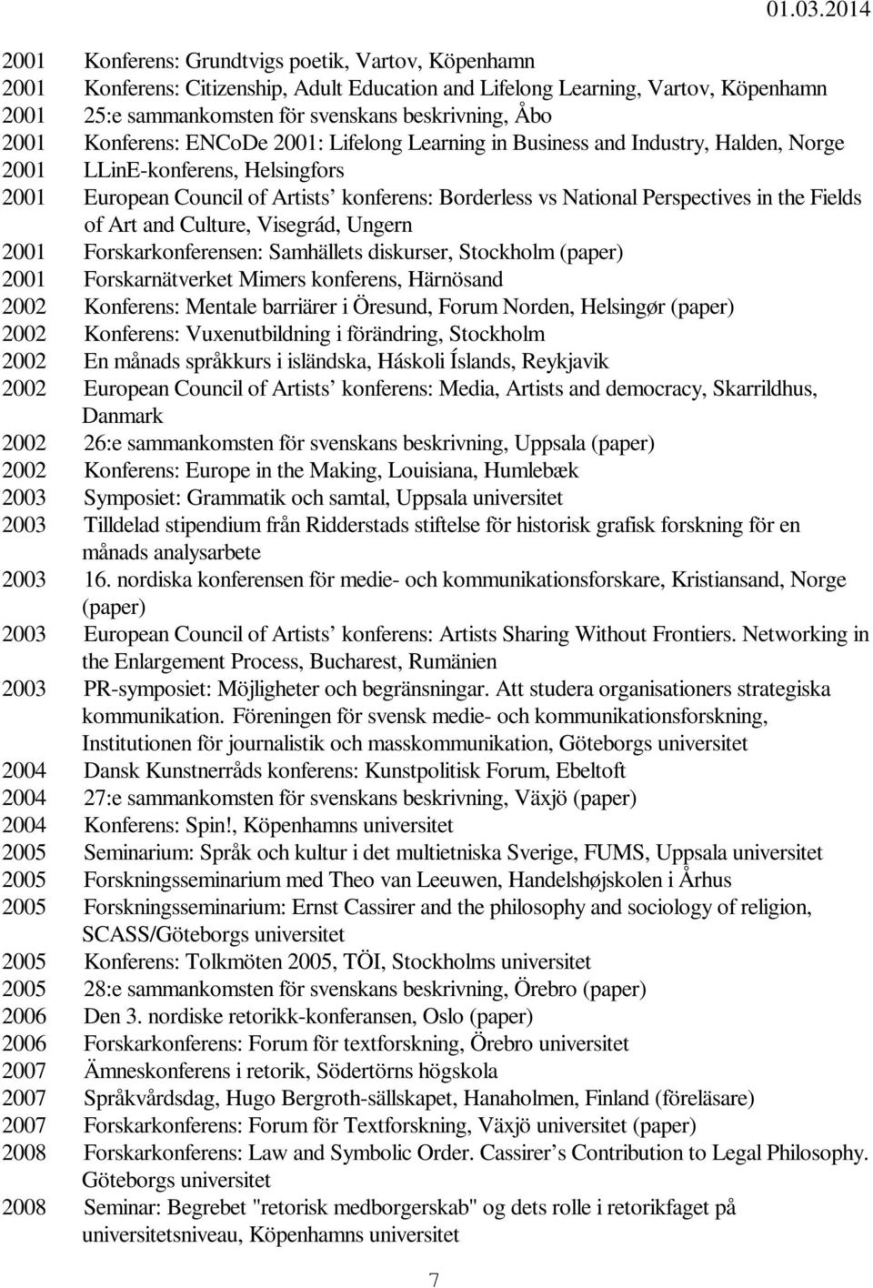 2001 Konferens: ENCoDe 2001: Lifelong Learning in Business and Industry, Halden, Norge 2001 LLinE-konferens, Helsingfors 2001 European Council of Artists konferens: Borderless vs National