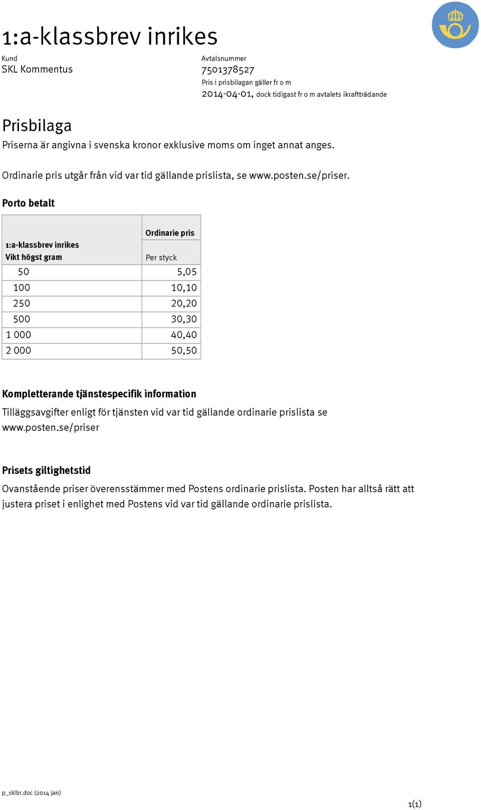 000 40,40 2 000 50,50 Kompletterande tjänstespecifik information Ovanstående er överensstämmer med