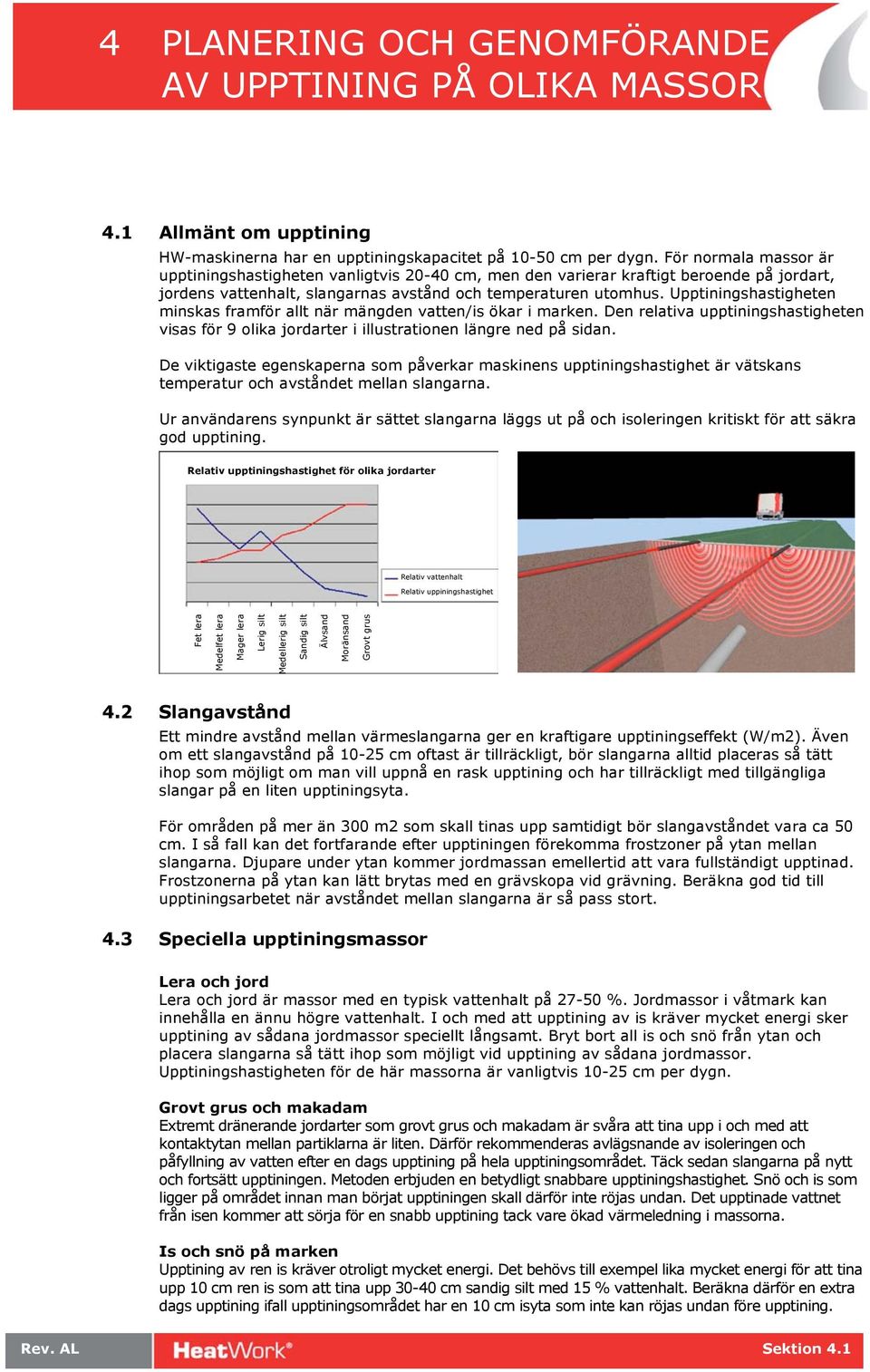 Upptiningshastigheten minskas framför allt när mängden vatten/is ökar i marken. Den relativa upptiningshastigheten visas för 9 olika jordarter i illustrationen längre ned på sidan.