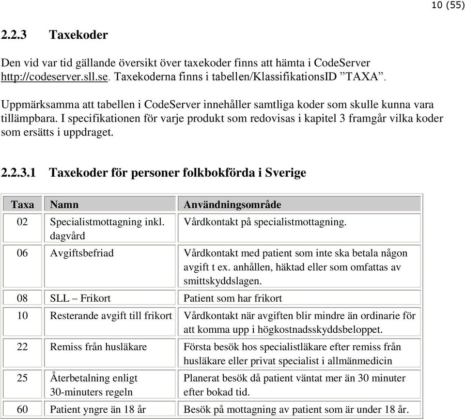 I specifikationen för varje produkt som redovisas i kapitel 3 framgår vilka koder som ersätts i uppdraget. 2.2.3.1 Taxekoder för personer folkbokförda i Sverige Taxa Namn Användningsområde 02 Specialistmottagning inkl.