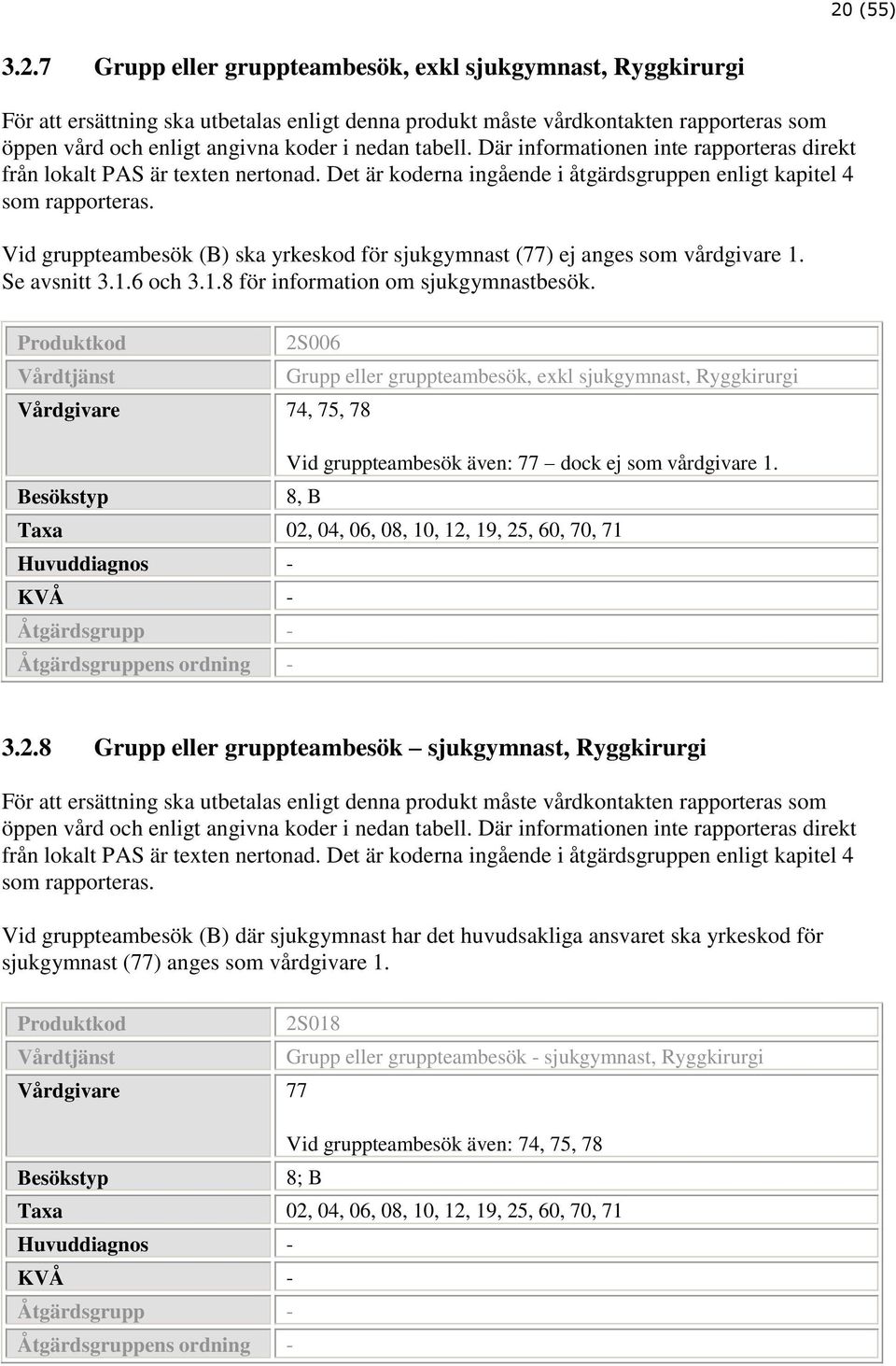 2S006 Vårdtjänst Grupp eller gruppteambesök, exkl sjukgymnast, Ryggkirurgi Vårdgivare 74, 75, 78 Vid gruppteambesök även: 77 dock ej som vårdgivare 1.