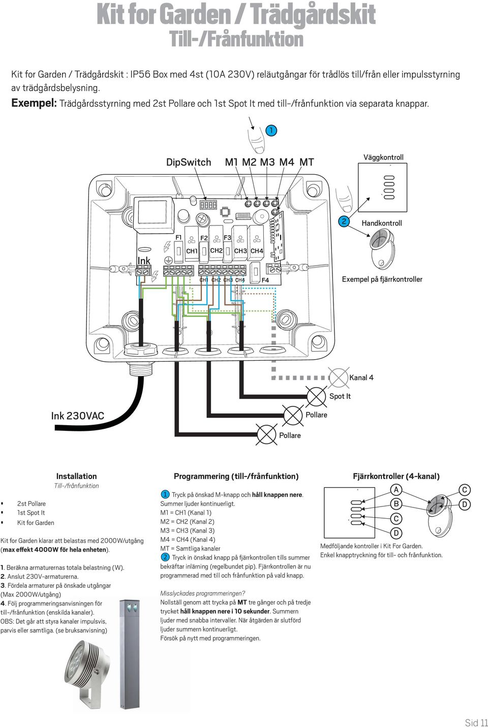 DipSwitch M M M M MT Väggkontroll Handkontroll F F F Ink H H H H H H H H F Exempel på fjärrkontroller Spot It Kanal Ink 0VA Pollare Pollare st Pollare st Spot It Kit for Garden Installation