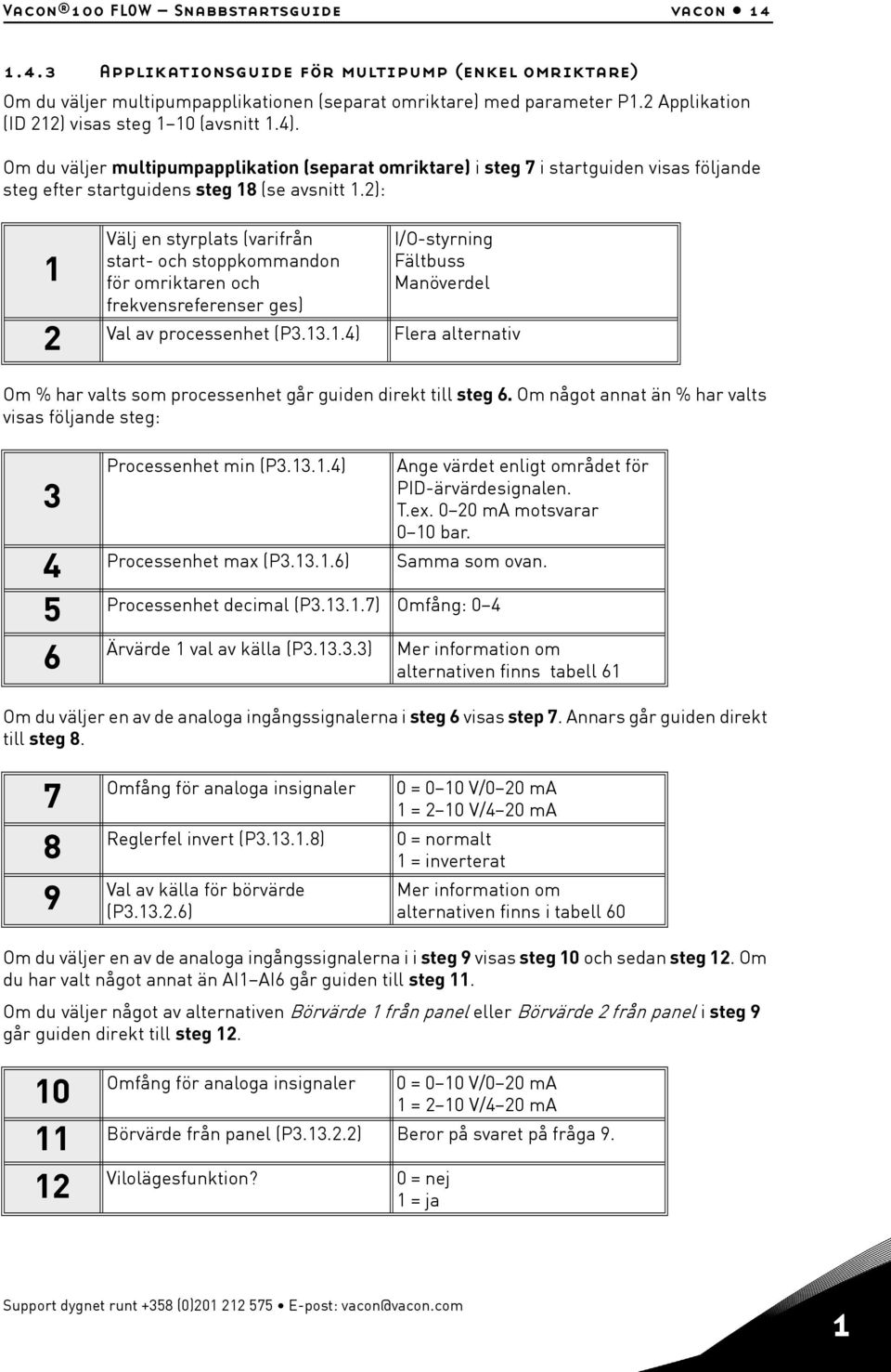 2): Välj en styrplats (varifrån I/O-styrning start- och stoppkommandon Fältbuss 1 för omriktaren och Manöverdel frekvensreferenser ges) Val av processenhet (P3.13.1.4) Flera alternativ 2 Om % har valts som processenhet går guiden direkt till steg 6.