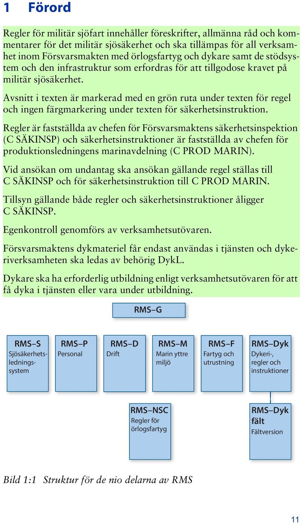 Avsnitt i texten är markerad med en grön ruta under texten för regel och ingen färgmarkering under texten för säkerhetsinstruktion.