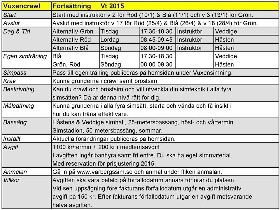 45 Instruktör Håsten Alternativ Blå Söndag 08.00-09.00 Instruktör Håsten Egen simträning Blå Tisdag 17.30-18.30 Veddige Grön, Röd Söndag 08.00-09.30 Håsten Simpass Pass till egen träning publiceras på hemsidan under Vuxensimning.