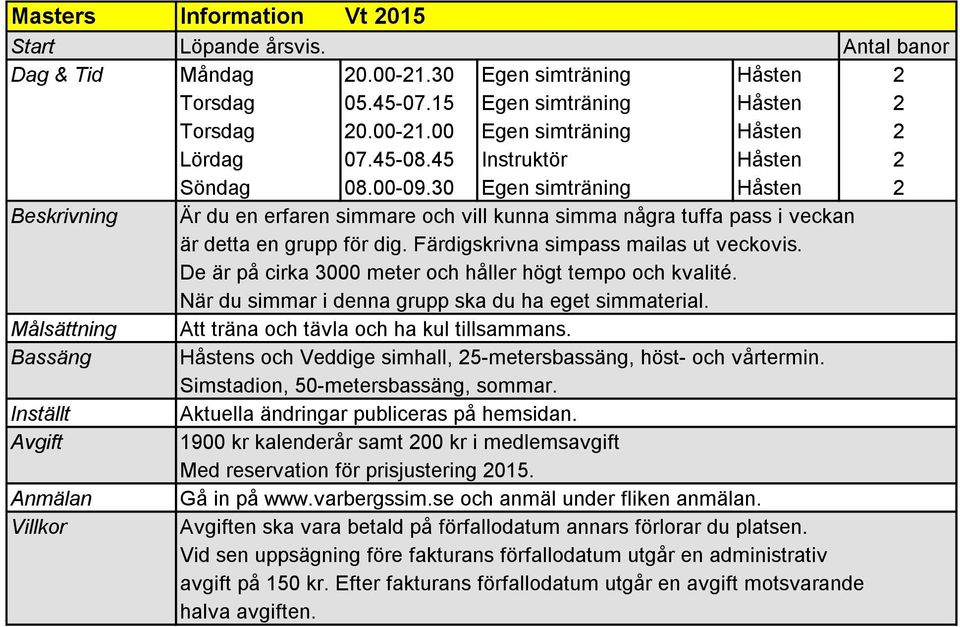 Färdigskrivna simpass mailas ut veckovis. De är på cirka 3000 meter och håller högt tempo och kvalité. När du simmar i denna grupp ska du ha eget simmaterial.